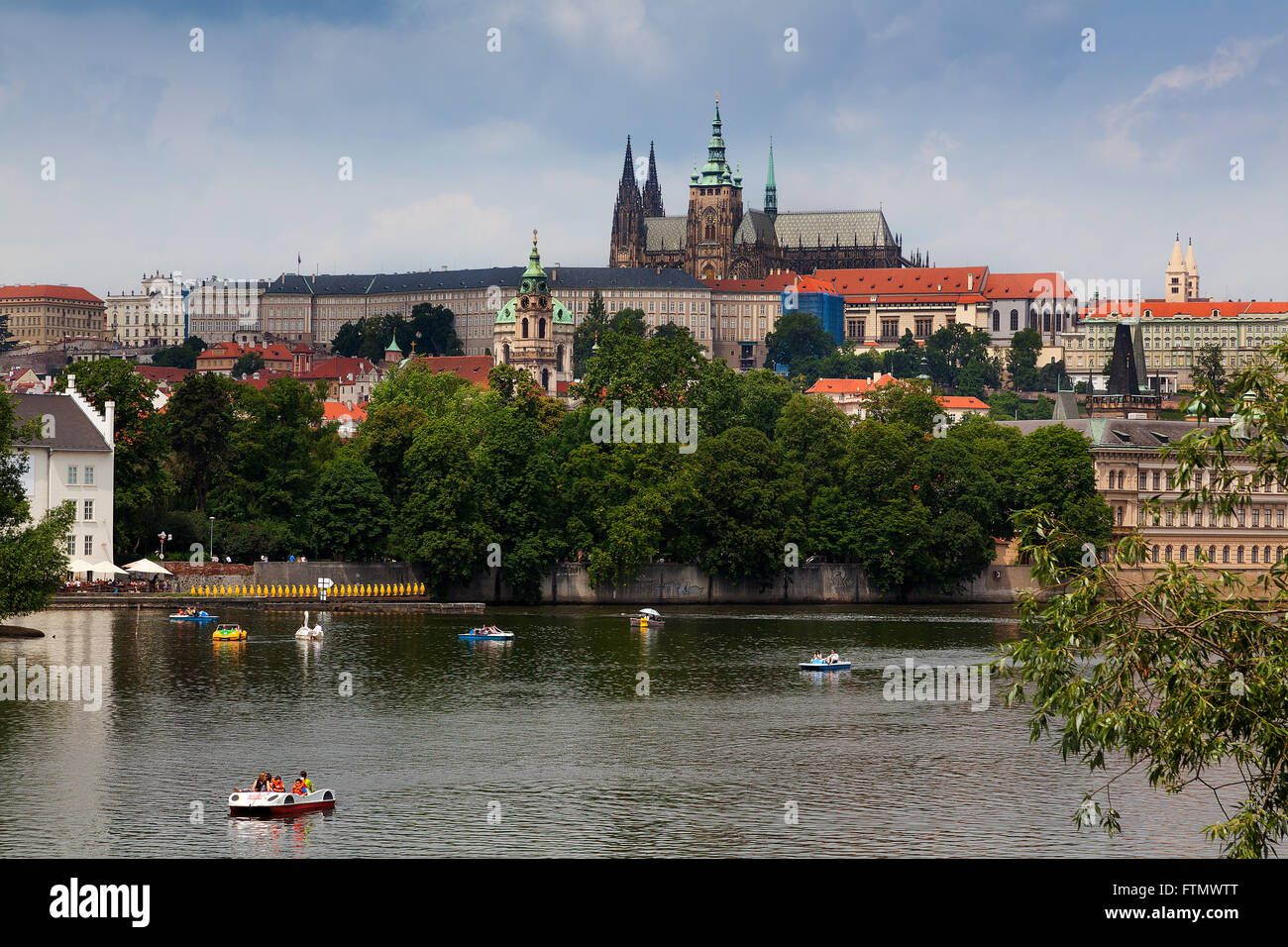 View across the Vltava River in Prague with the Castle and cathedral in the background Stock Photo