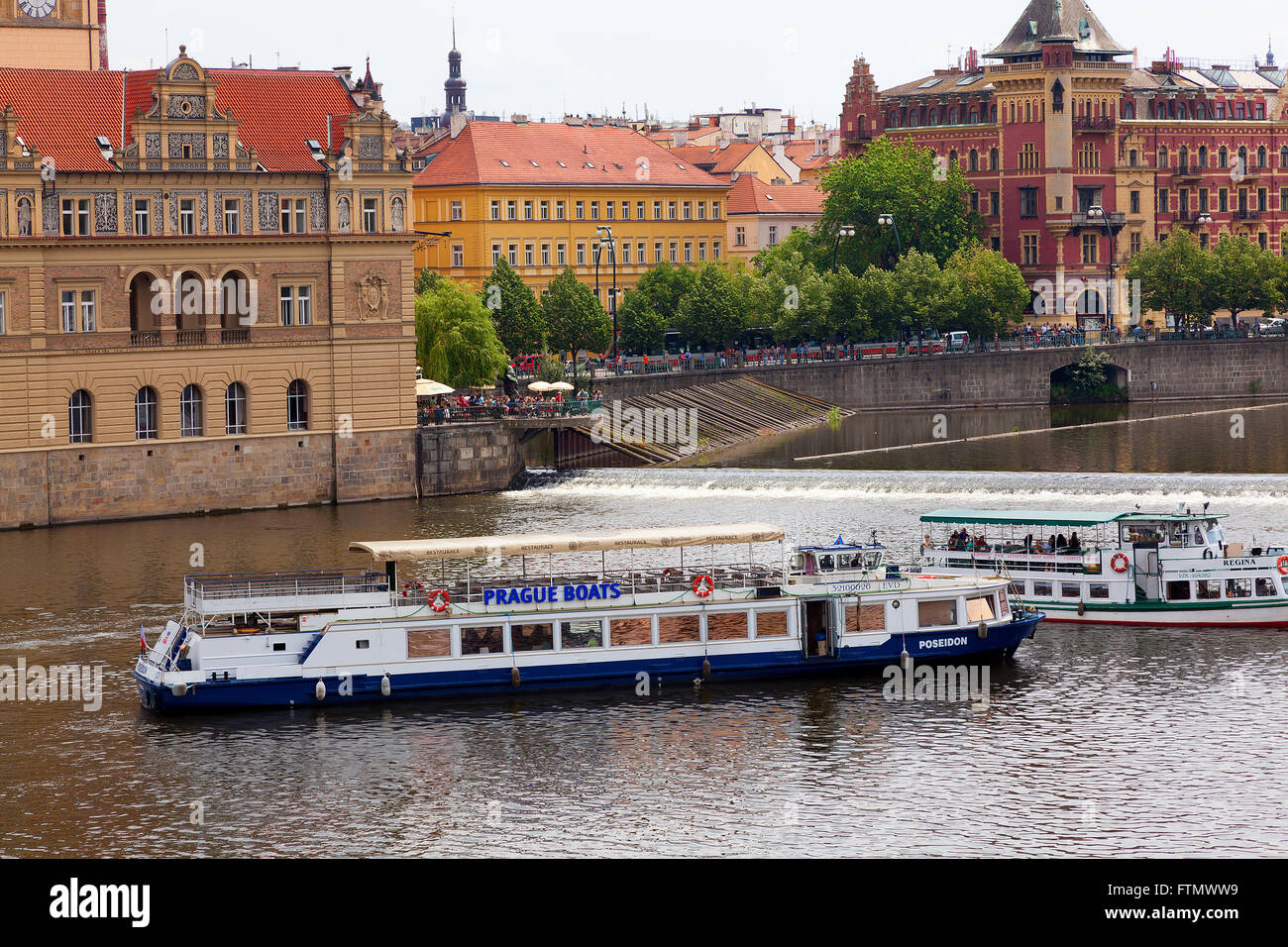 Tourist river cruiser on the Vltava river in Prague, Czech Republic Stock Photo