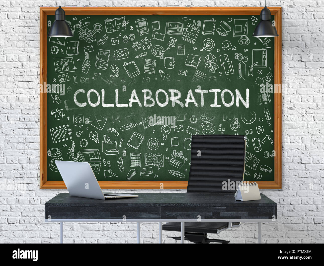 Collaboration Concept. Doodle Icons on Chalkboard. Stock Photo