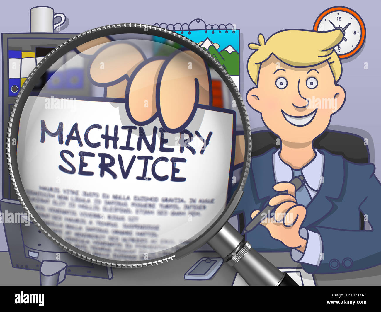 Machinery Service through Magnifying Glass. Doodle Design. Stock Photo