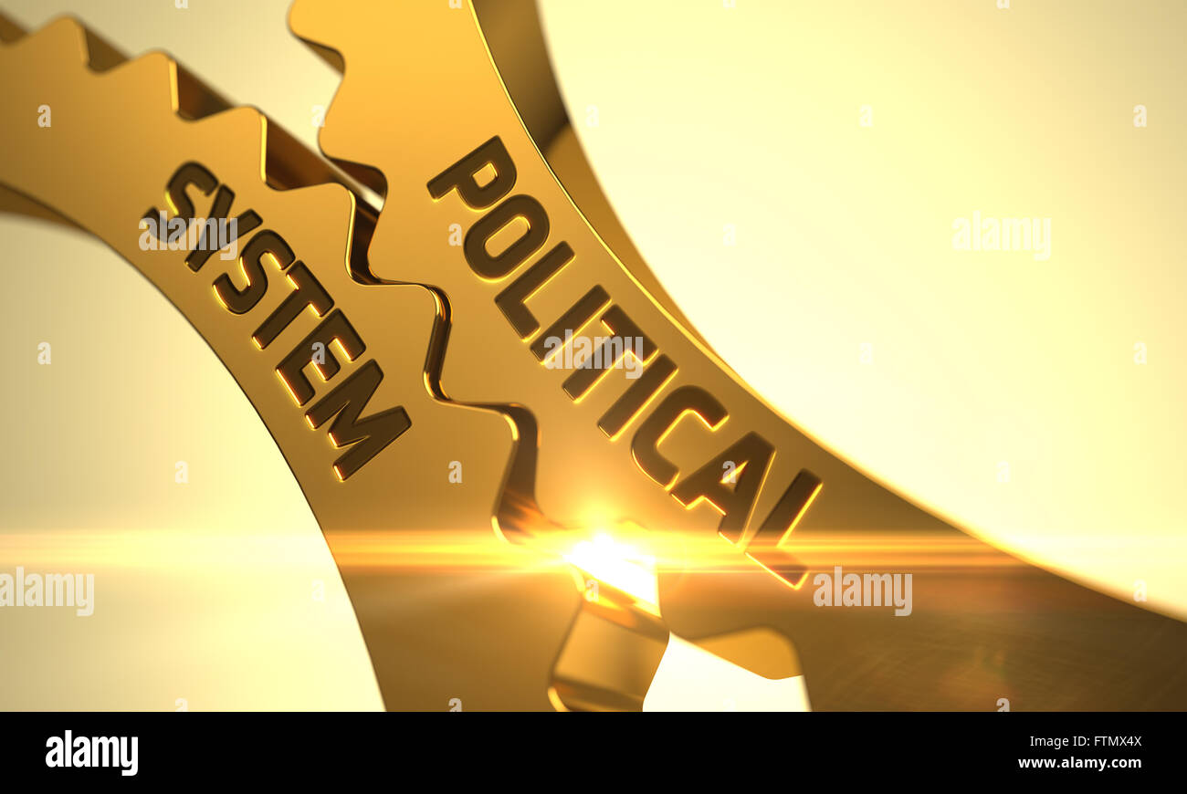 Political System on Golden Gears. Stock Photo