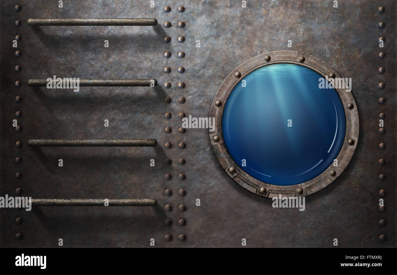 submarine or ship porthole with underwater view Stock Photo