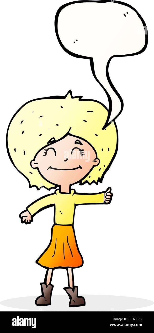 cartoon happy girl giving thumbs up symbol with speech bubble Stock ...