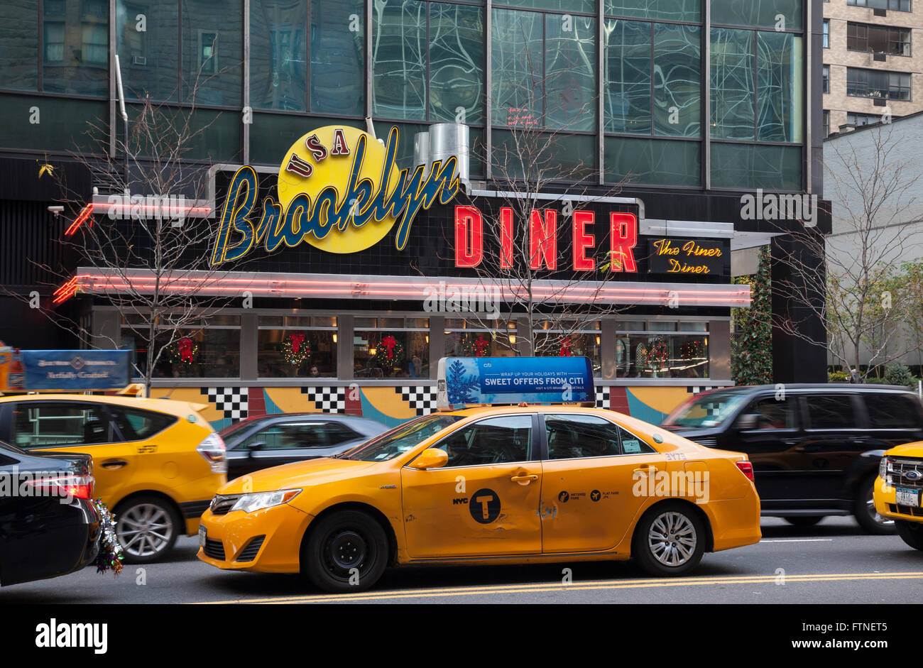 USA Brooklyn Diner and traditional yellow cab, New York City, USA, United States of America Stock Photo