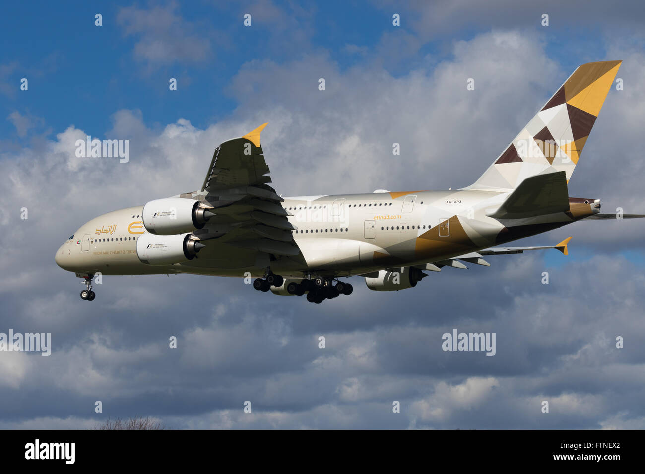 An Etihad Airbus A380 registration A6-APA about to land at London Heathrow. ©Paul Dav Stock Photo