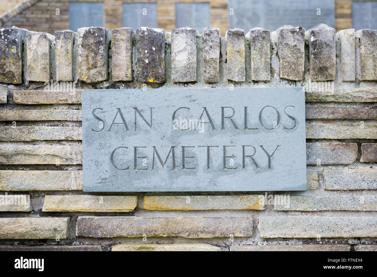 Sign for San Carlos British Military Cemetery, Blue Beach, San Carlos Bay, East Falkland, South America Stock Photo