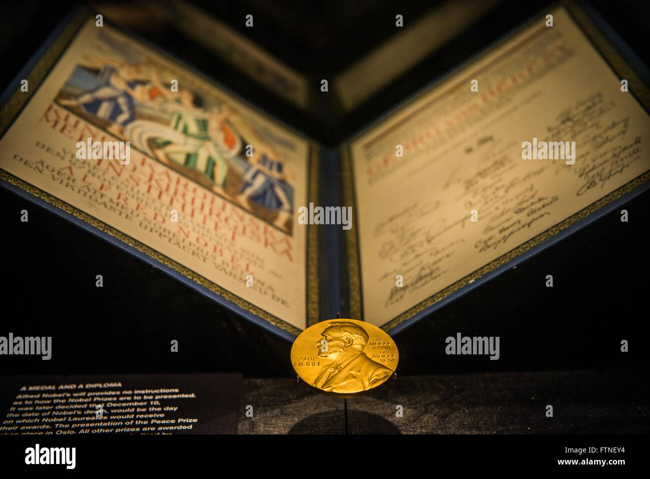 A golden image of the Nobel Prize decorates the front of the Science Museum in Singapore, Stock Photo