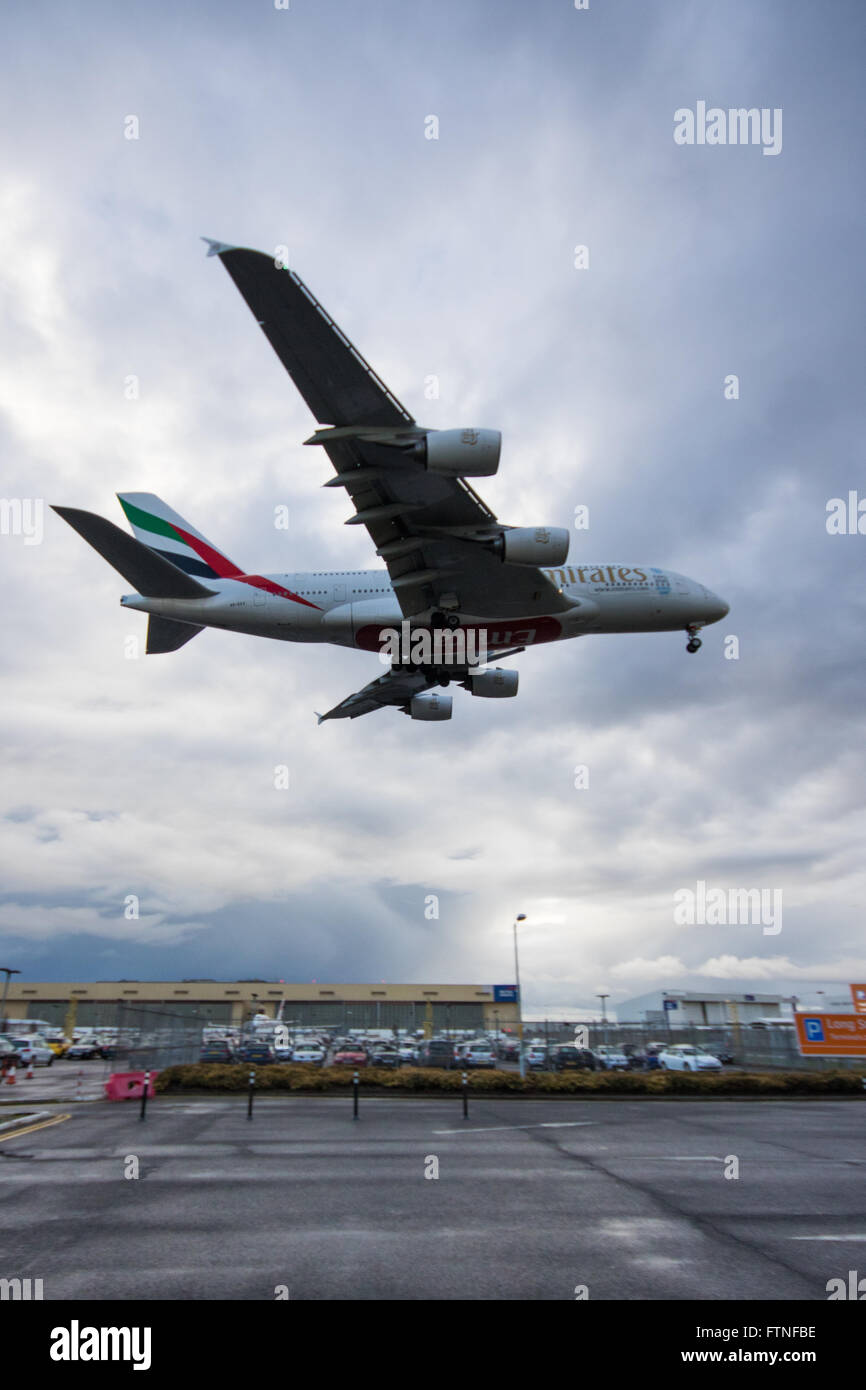 An Emirates Airbus A380 about to land at London Heathrow. Stock Photo