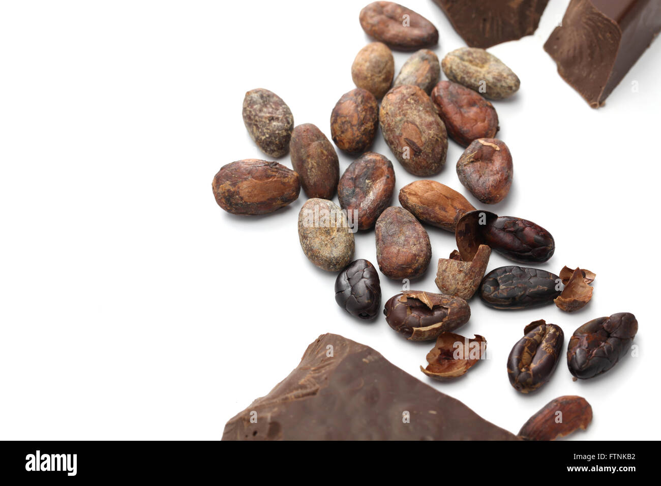 raw cacao beans, roasted cacao beans and chocolate on white background Stock Photo