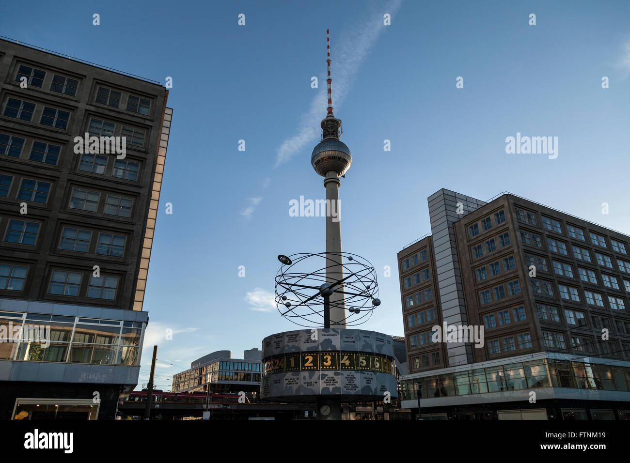 World clock and television tower at Alexanderplatz in Berlin Stock Photo