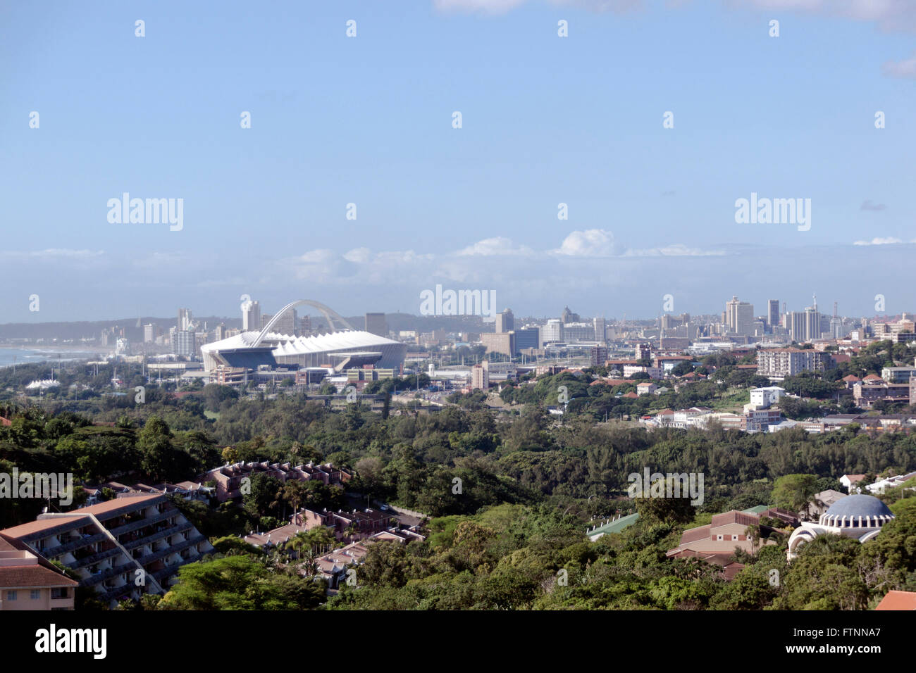 Above view of residential housing and city skyline and Moses Mabhida stadium in Durban South Africa Stock Photo