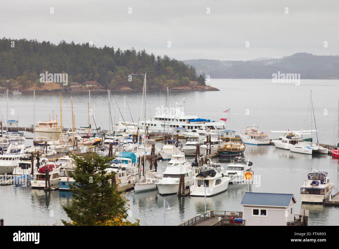 Boats moored in Friday Harbor, San Juan Islands Washington State USA Stock Photo