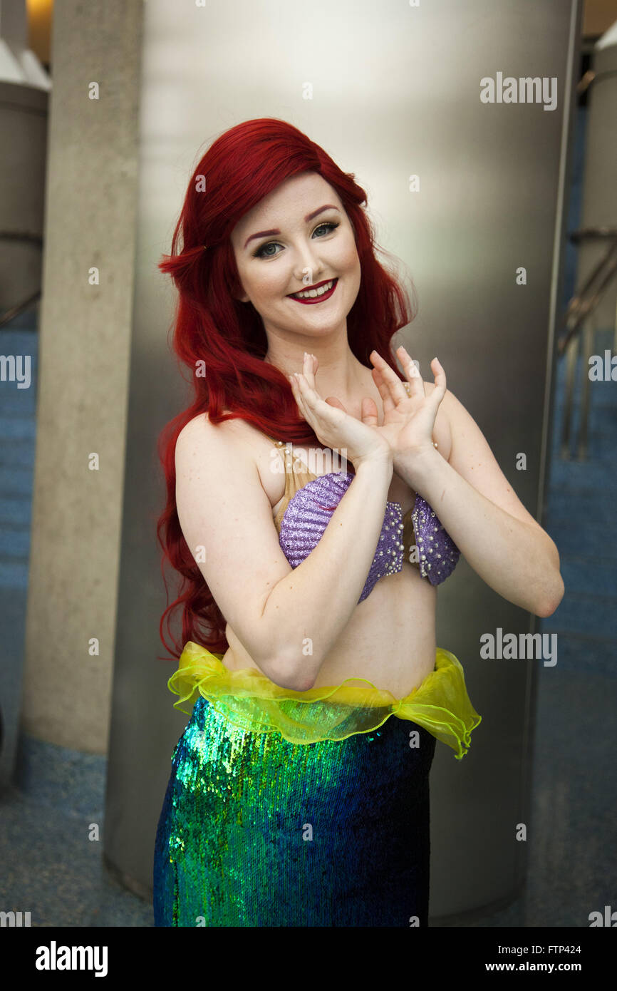 Woman dressed as Ariel from The Little Mermaid, Wondercon, Los Angeles Convention Center, downtown Los Angeles, California, USA Stock Photo