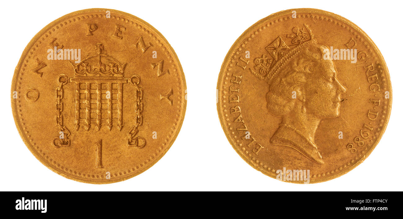 Bronze 1 penny 1988 coin isolated on white background, Great Britain