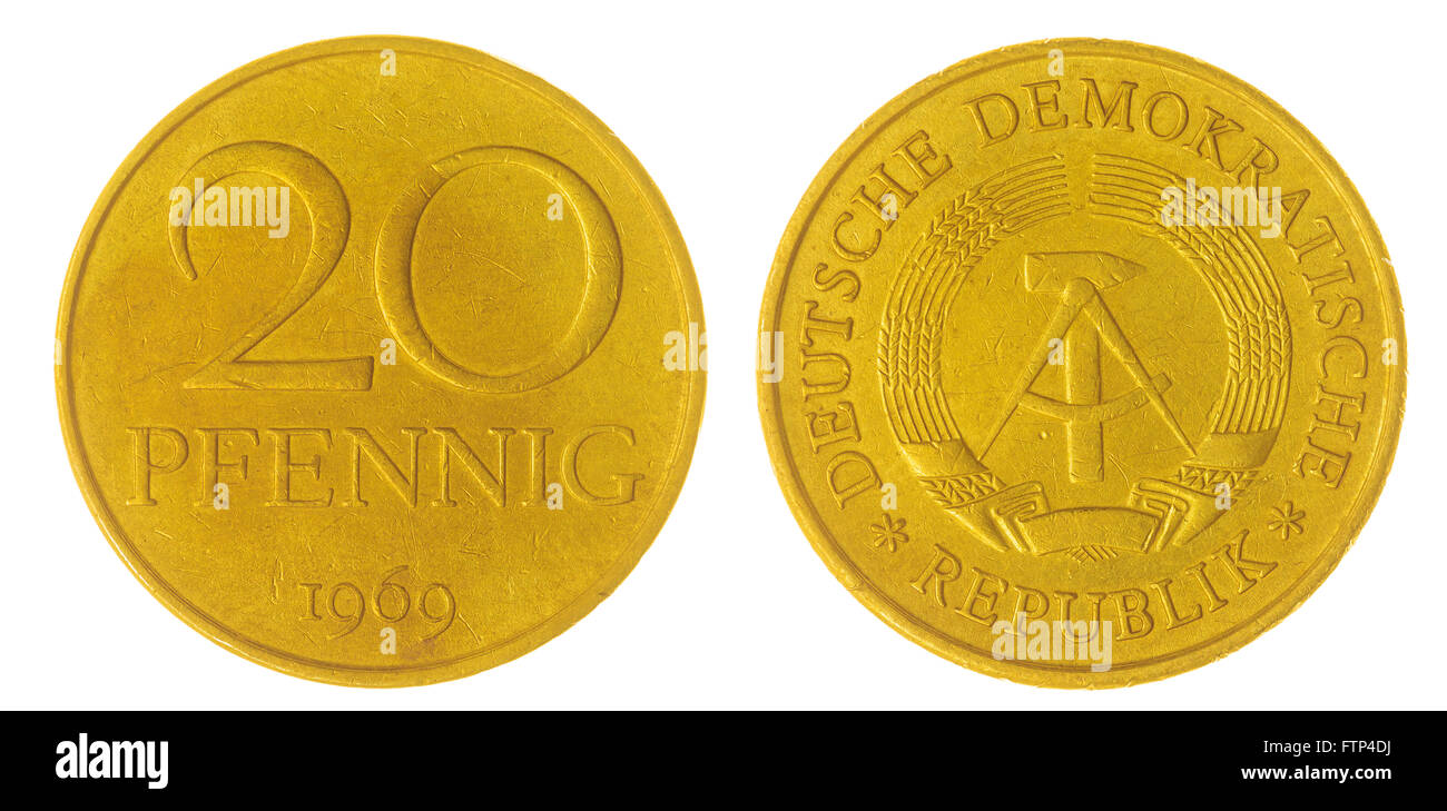 Bronze 20 pfennig 1969 coin isolated on white background, East Germany Stock Photo