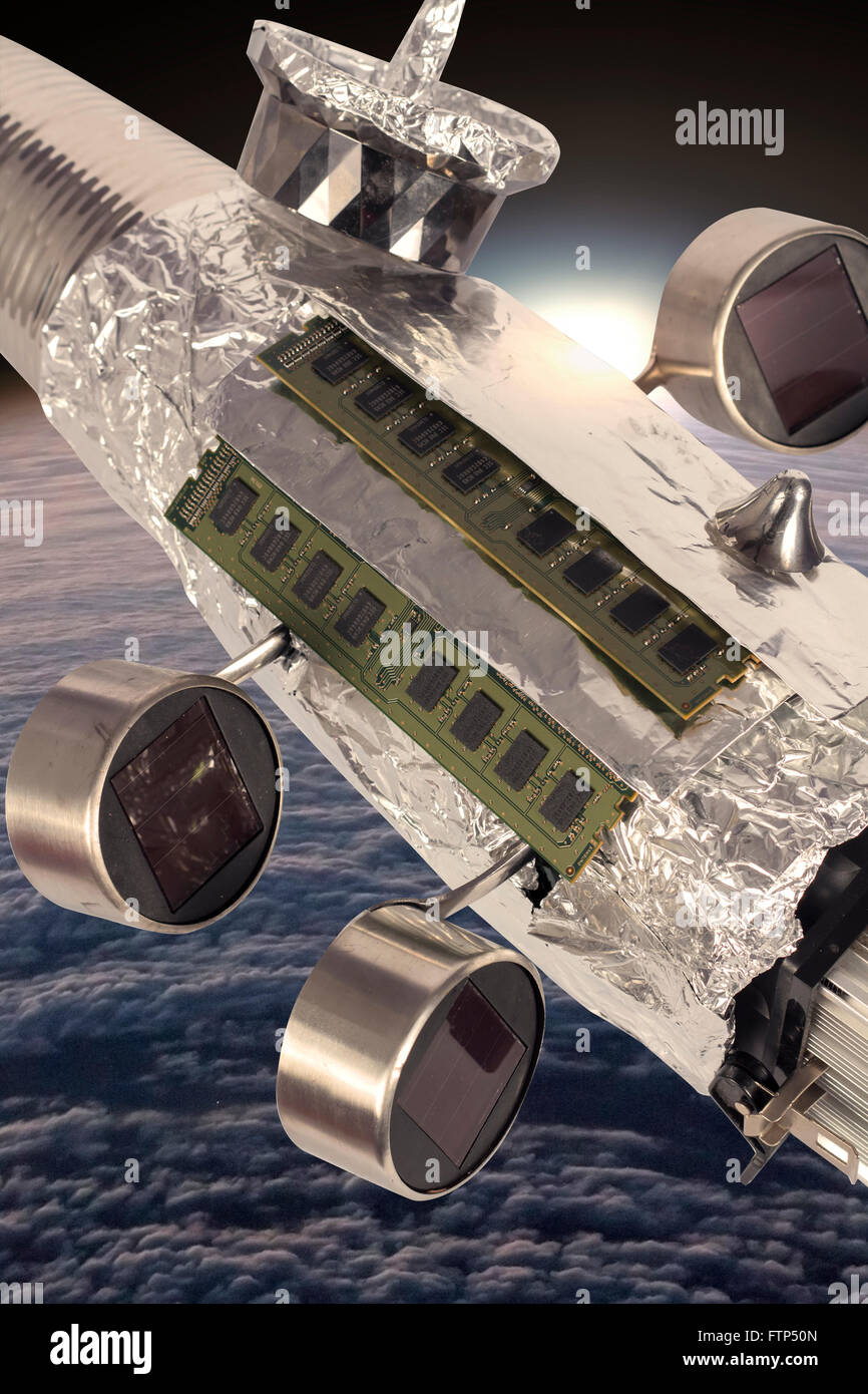 Homemade solar powered spaceship satellite in orbit around earth Stock