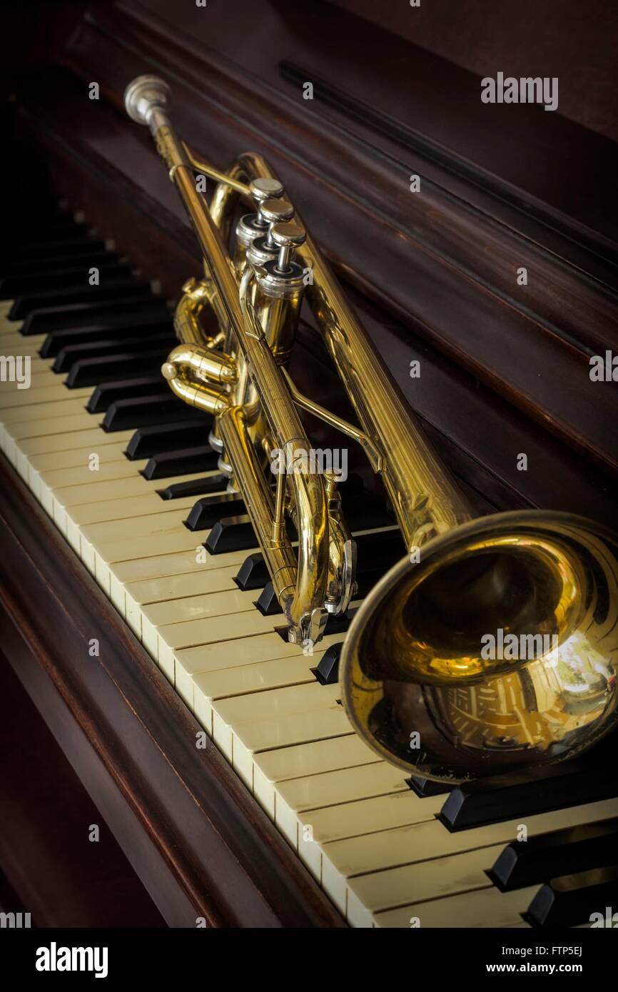 Old and worn Jazz trumpet and piano musical background Stock Photo Alamy