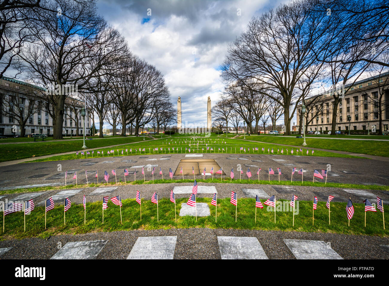 Memorials and small American flags at the Pennsylvania State Capitol