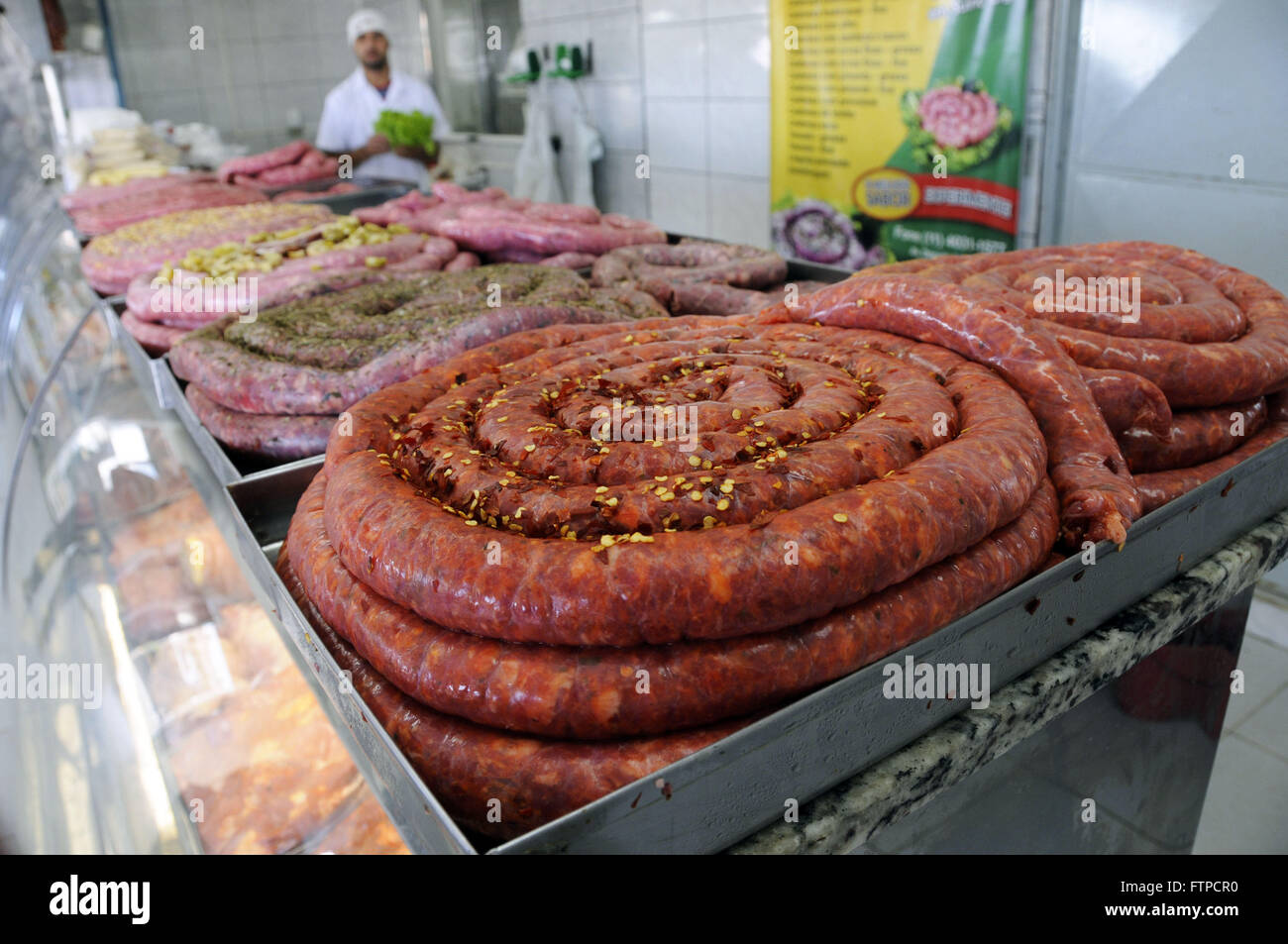 Linguica pork on display for sale in Braganca Paulista - Sao Paulo state Stock Photo