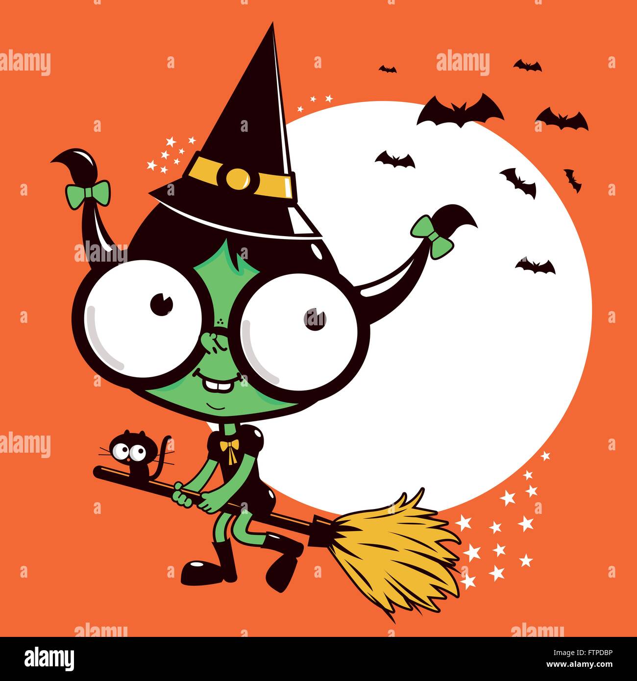Cartoon Halloween witch flying with a magic broom and a black cat in ...