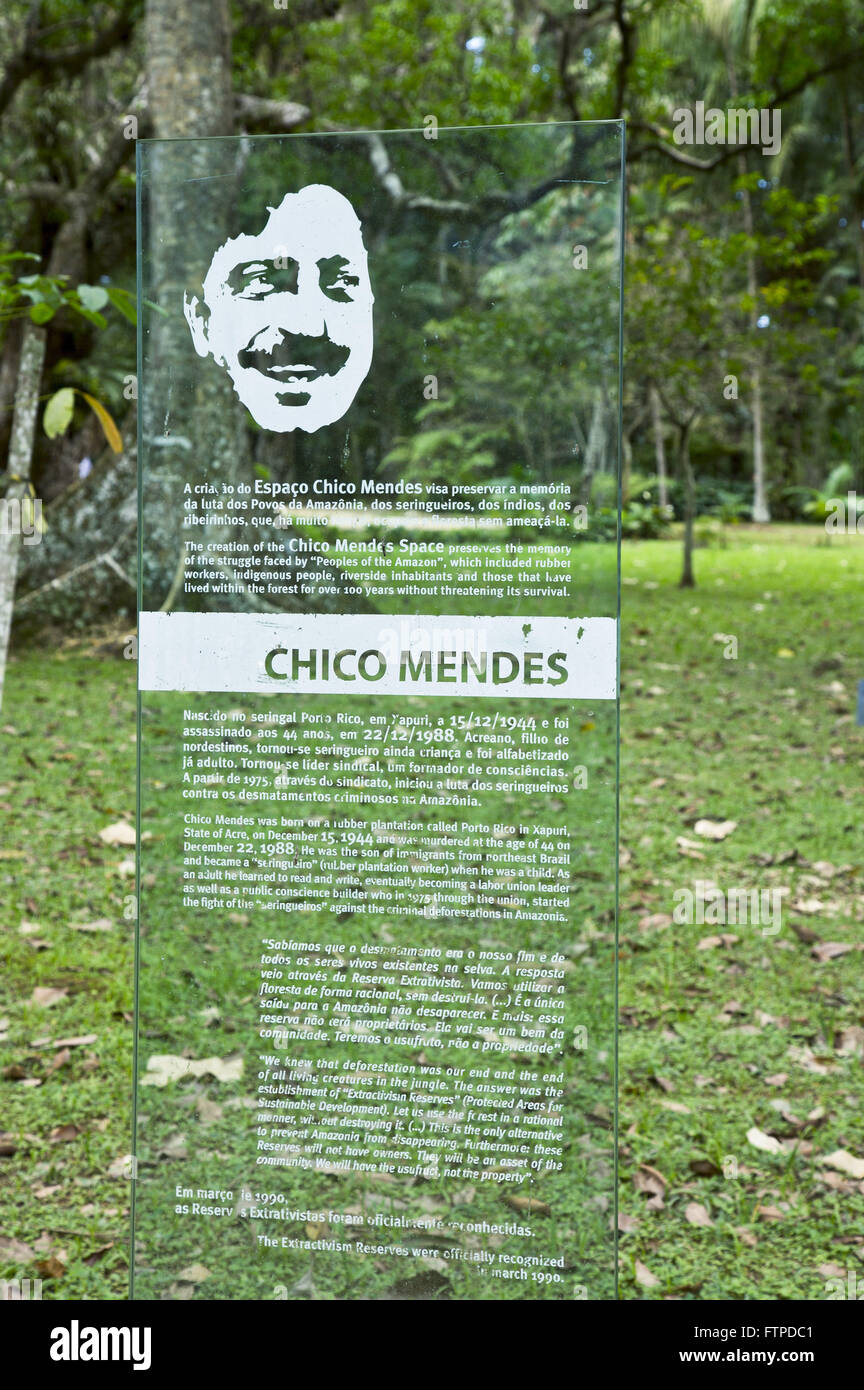 Space named after Chico Mendes inaugurated in 2003 by then Environment Minister Marina Si Stock Photo