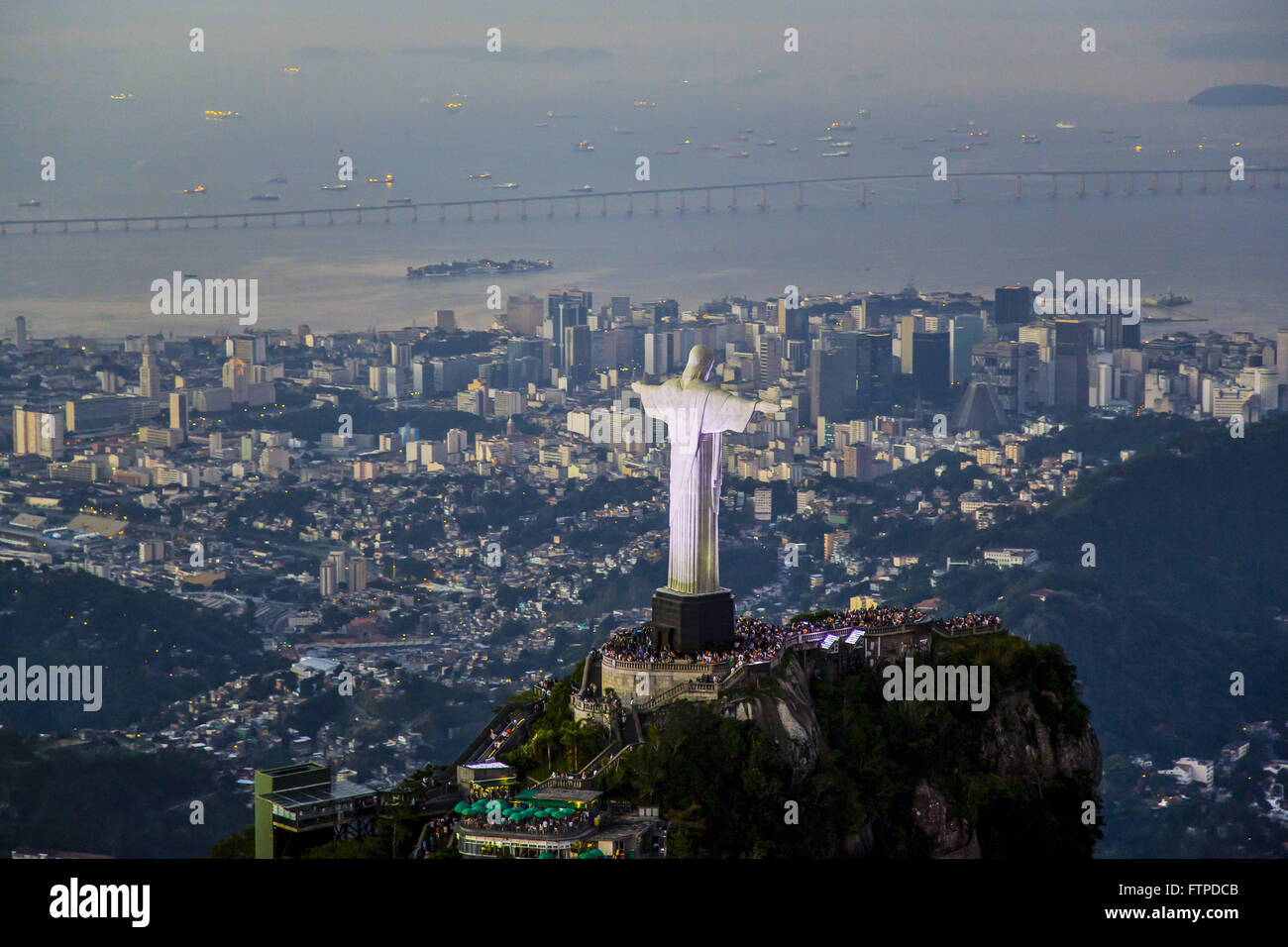 Aerial view of Christ the Redeemer on Corcovado Mountain at dusk Stock Photo