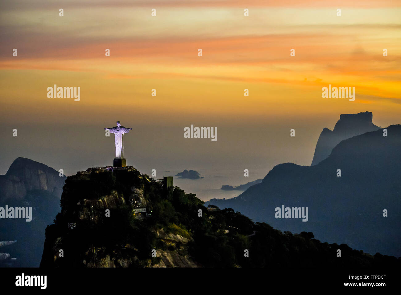 Aerial view of Christ the Redeemer on Corcovado Mountain at dusk Stock Photo