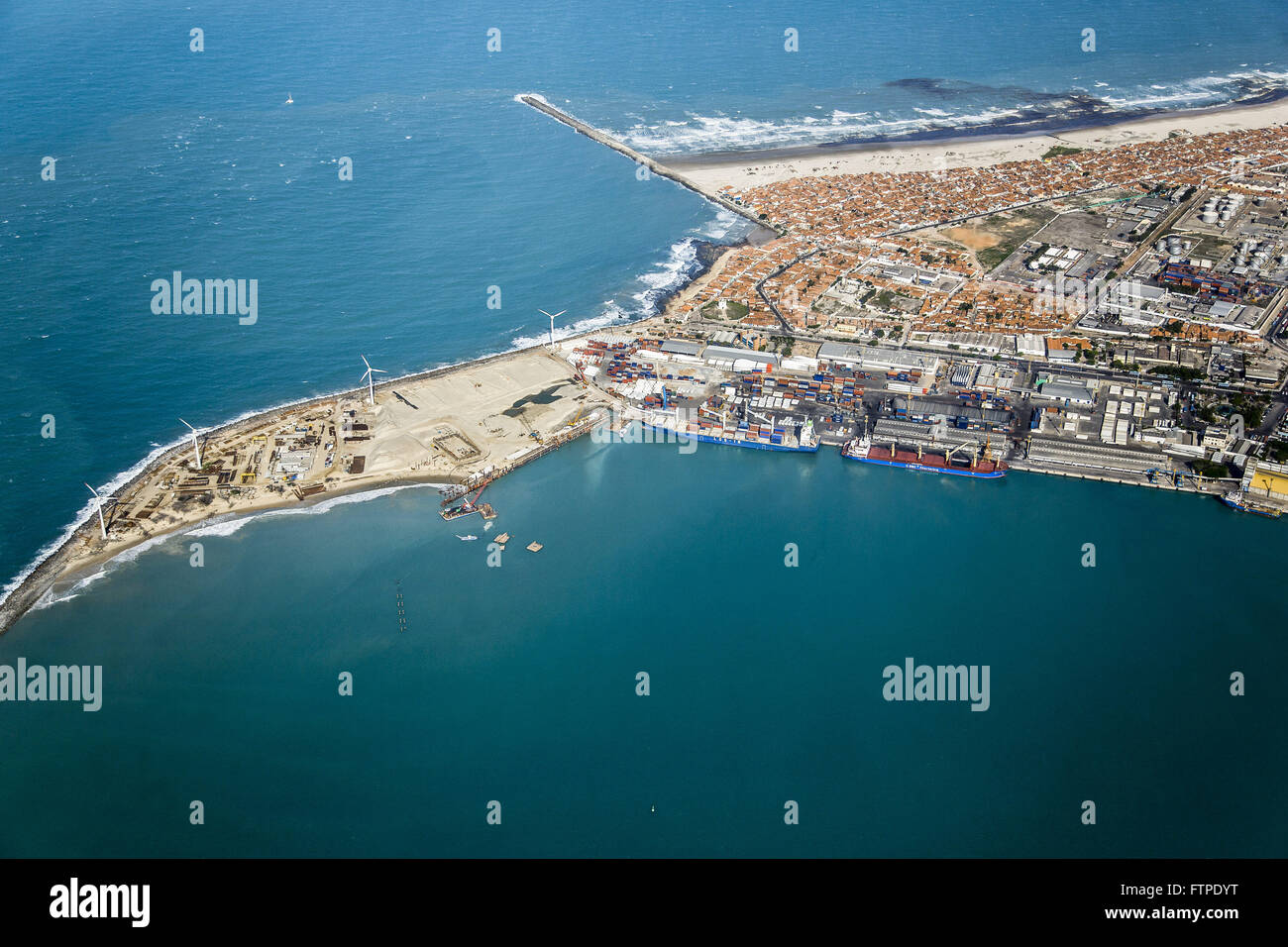 Aerial view of Park Eolico Meireles and port area right Stock Photo