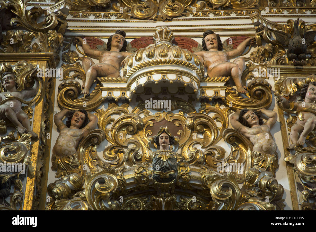 Detail of the interior of the Church of Sao Francisco carved gold and polychrome sculptures Stock Photo