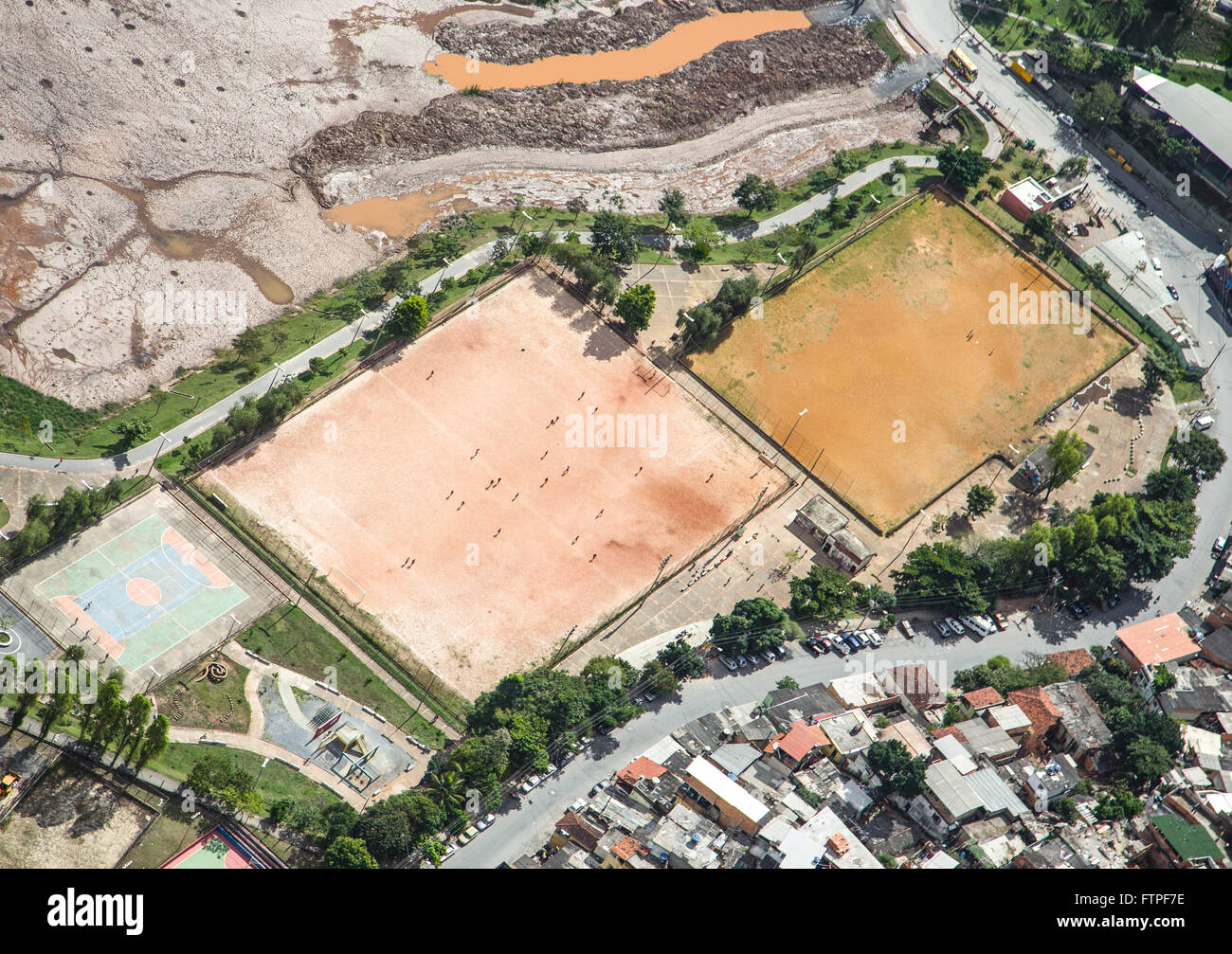 Aerial view of Santa Lucia Park with the dam the dry lake bottom Stock Photo