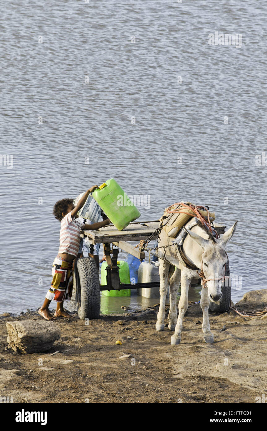 Children collecting water in almost dry Acude in the countryside in town Mulungu Stock Photo