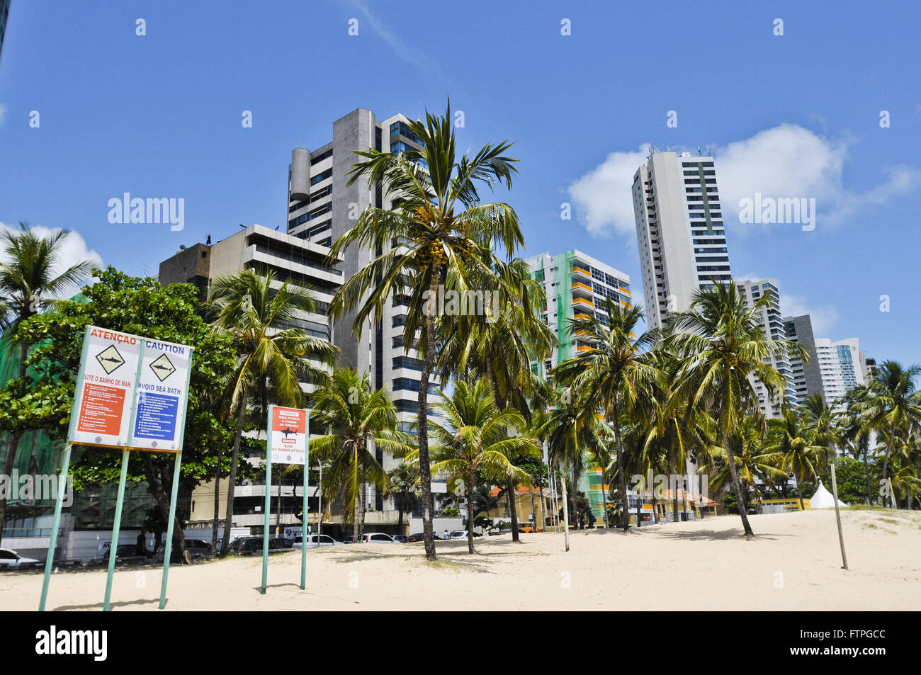 Signs with information about security against shark attack at Boa Viagem Beach Stock Photo