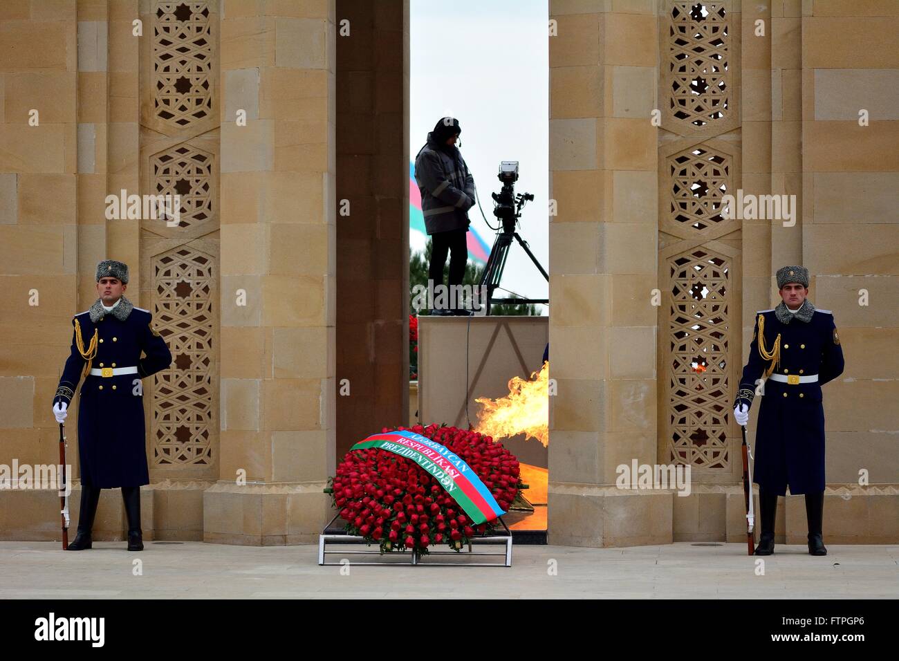 BAKU, AZERBAIJAN - JANUARY 20 2014 Honour guard at monument in Baku, Azerbaijan, on the anniversary of the civilian killings Stock Photo