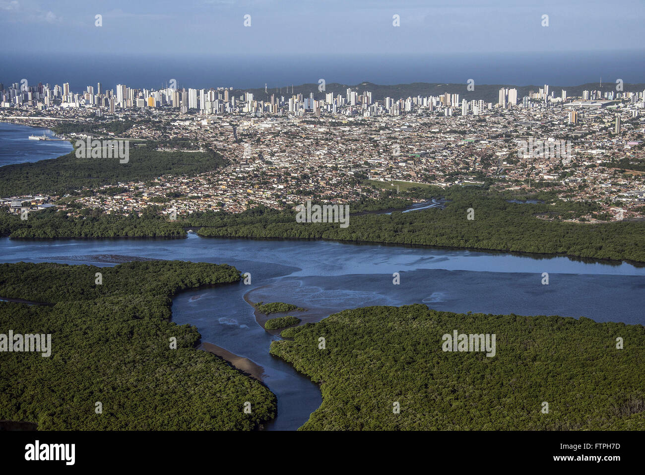 Aerial view of the city - the mangrove vegetation of the Rio Potengi below Stock Photo