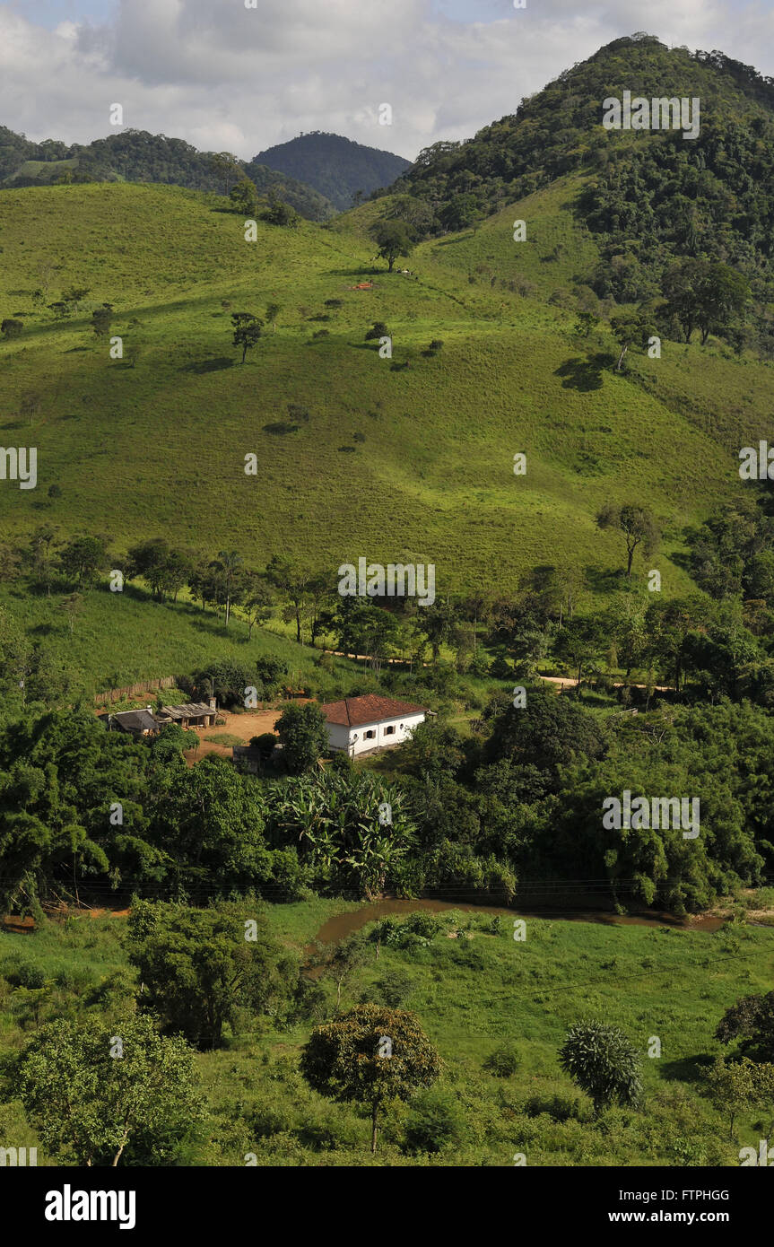 Top view of mountains with typical house in the countryside Stock Photo