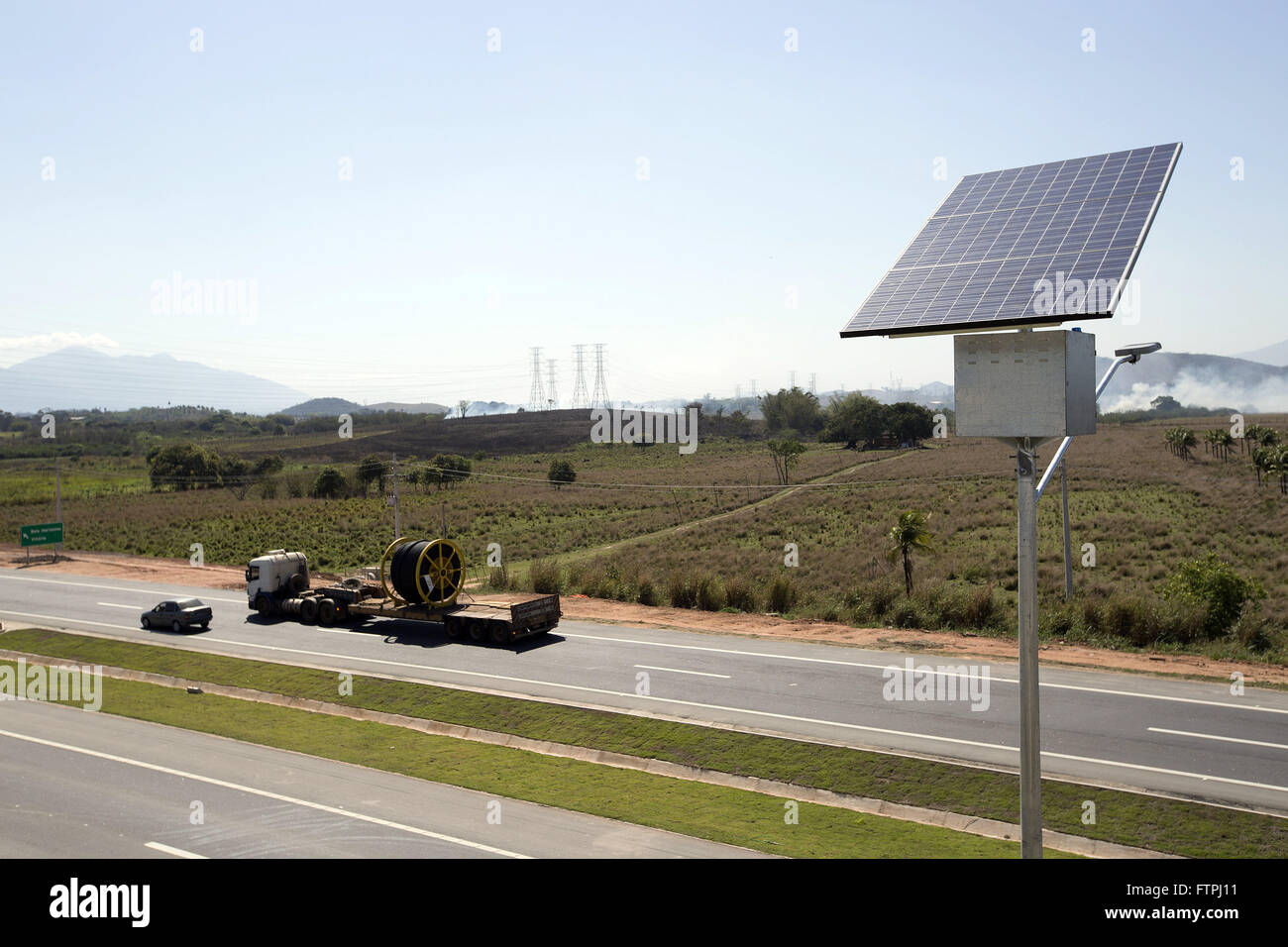 Solar energy board on the edge of Highway ring road - Highway Raphael de Almeida Magalhaes Stock Photo