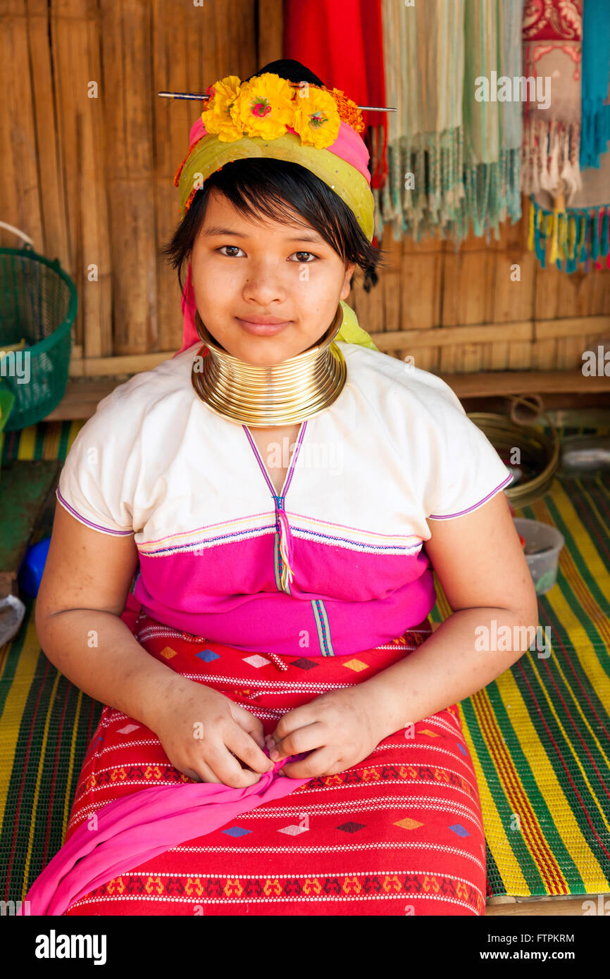 Portrait of young woman at the Long neck people and Hill Tribe of Northern Thailand the long neck people in Palong village Stock Photo