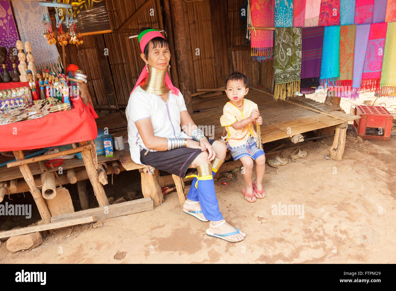 Mother and child at the Hill Tribe of Northern Thailand the long neck people in Palong village Stock Photo