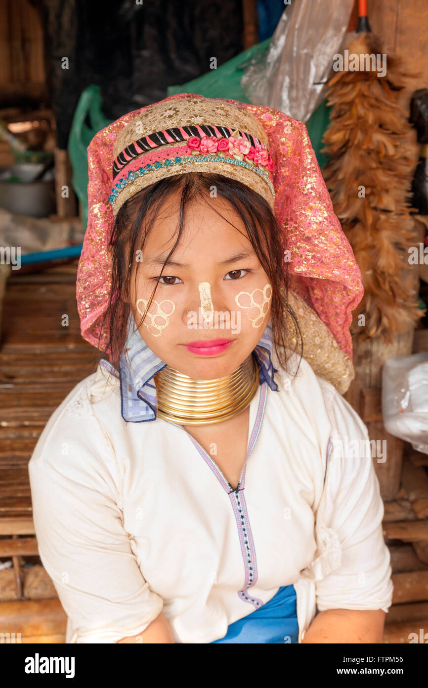 Young female child at the Tribe of Northern Thailand the long neck people in Palong village Stock Photo