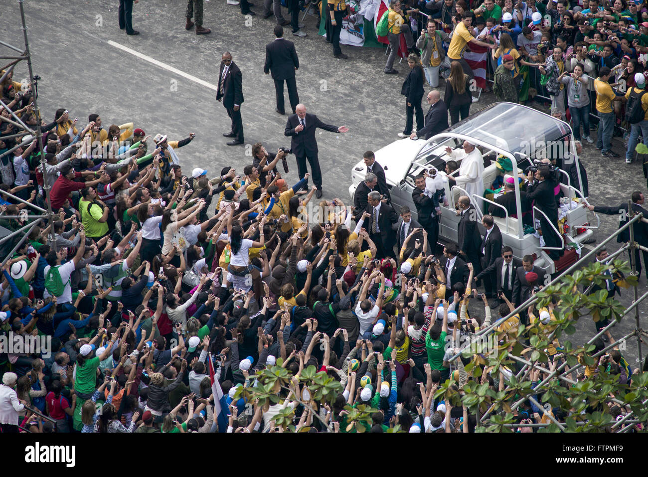 Francis Pope in Popemobile during World Youth Day 2013 in Rio Copacabana Stock Photo