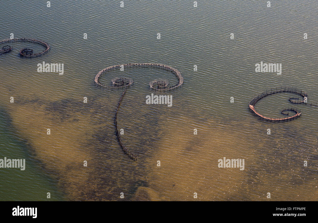 Vista aerea da Laguna de Araruama com destaque para curral de pesca de camarao Stock Photo