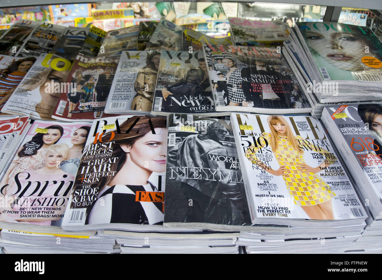 Detail of fashion magazines on newsstands in Jardins neighborhood Stock Photo