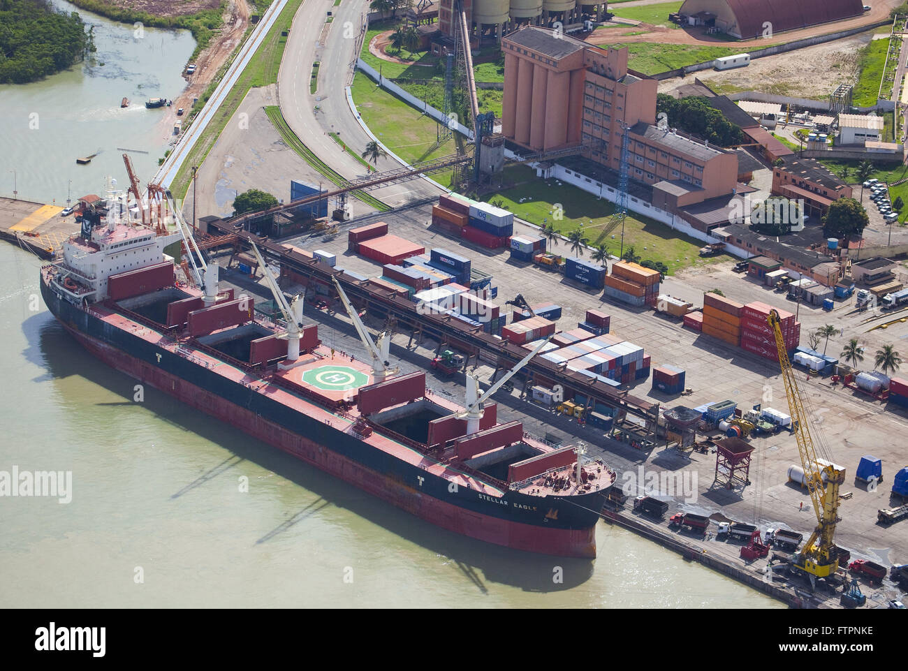 Aerial view of Itaqui port complex on the shore of Bahia de Sao Marcos Stock Photo