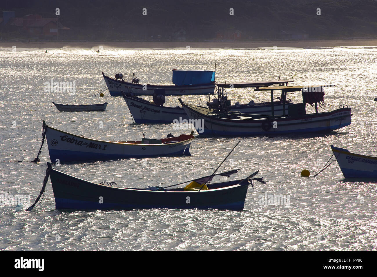 Fishing boats moored in Lagoa da Conceicao Stock Photo