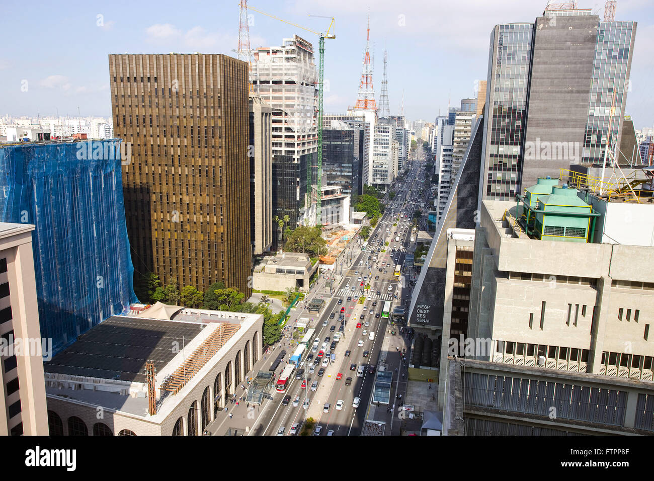 Top view of commercial buildings and transmission towers on Avenida Paulista Stock Photo