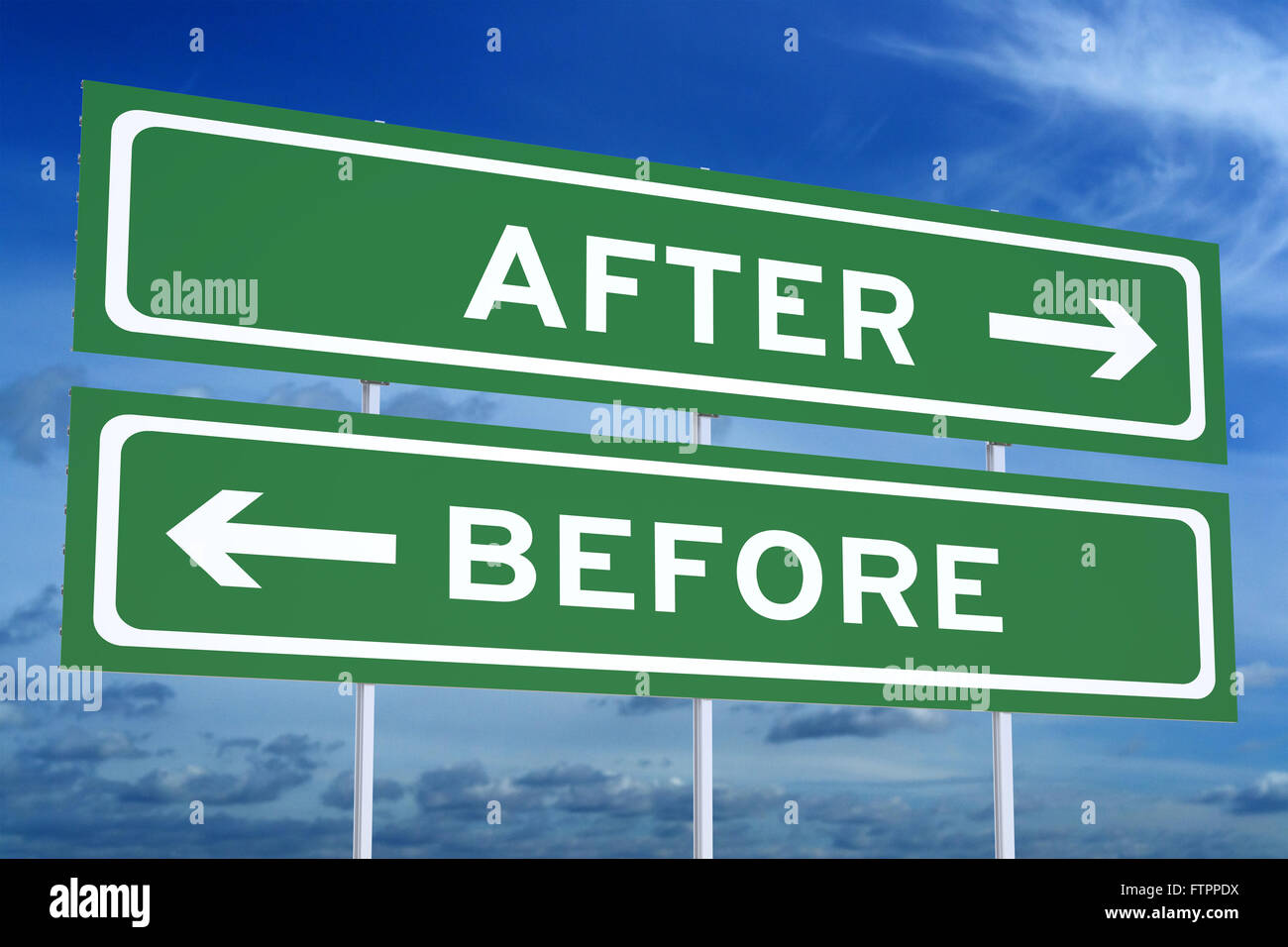 After or Before concept on the road signpost, 3D rendering Stock Photo