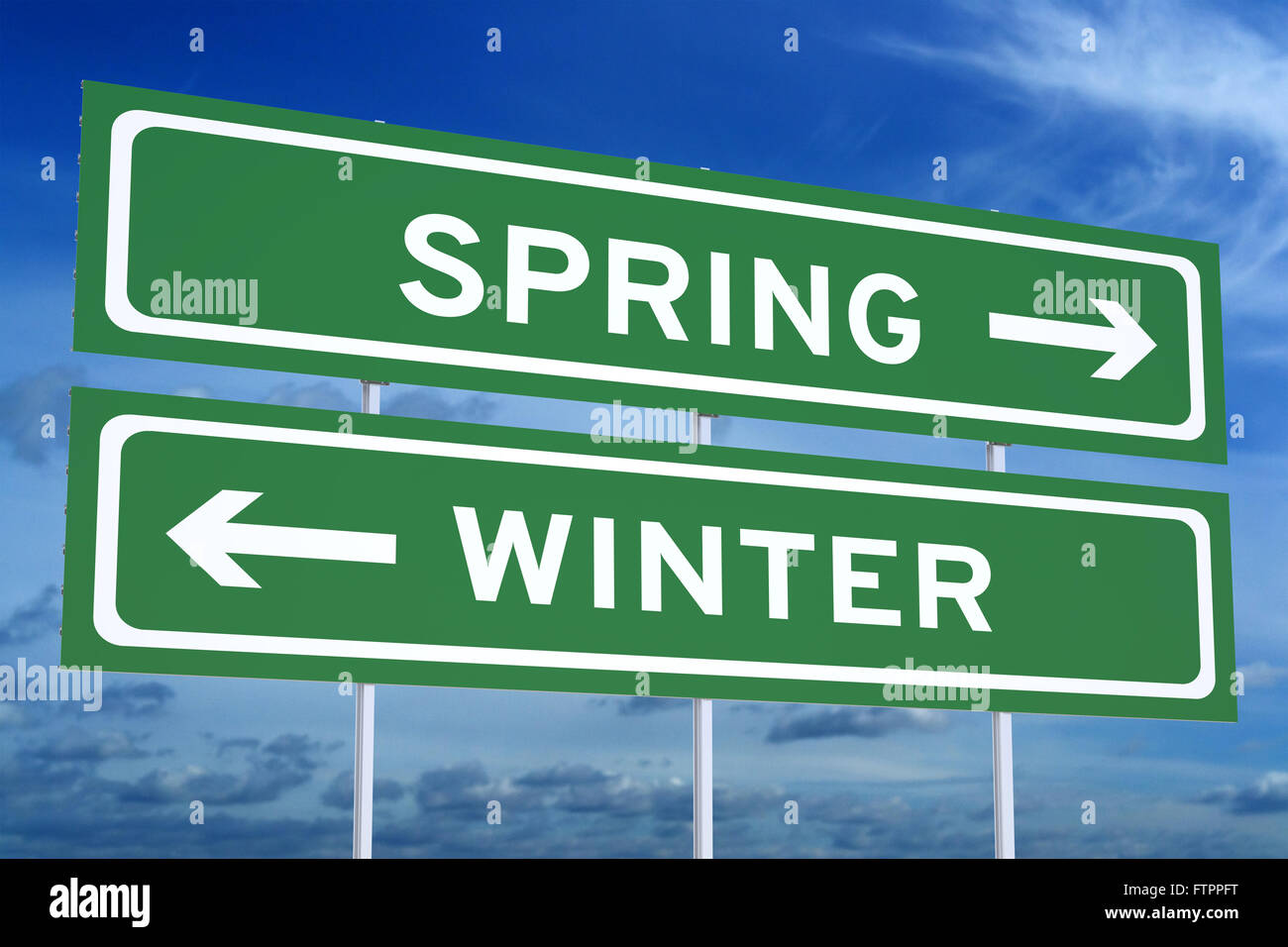 Spring or Winter concept on the road signpost, 3D rendering Stock Photo