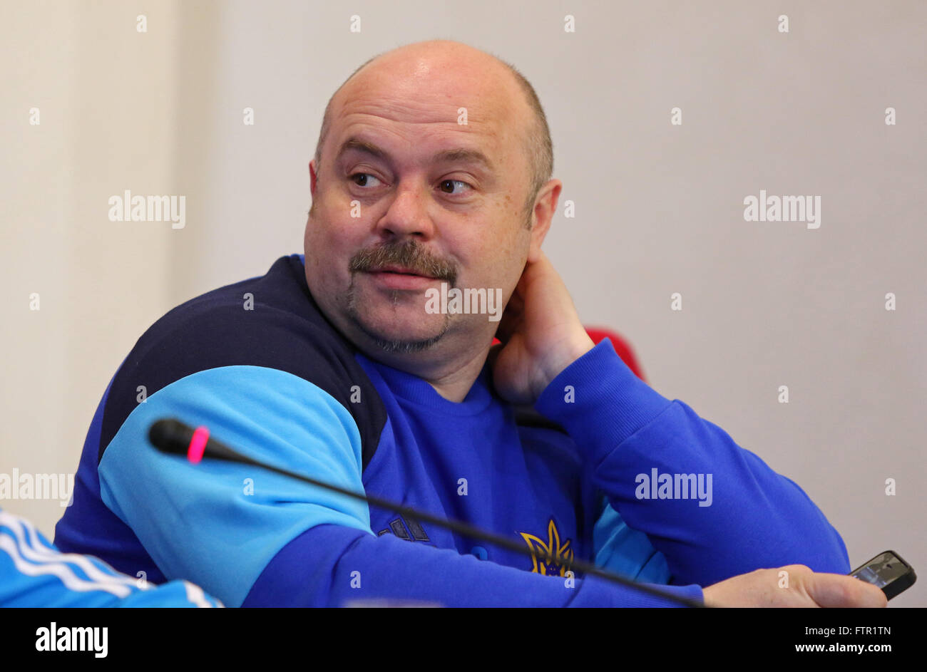 KYIV, UKRAINE - MARCH 27, 2016: Spokesman of Ukraine National Team Oleksandr Glyvynskyy looks on during press-conference before Stock Photo