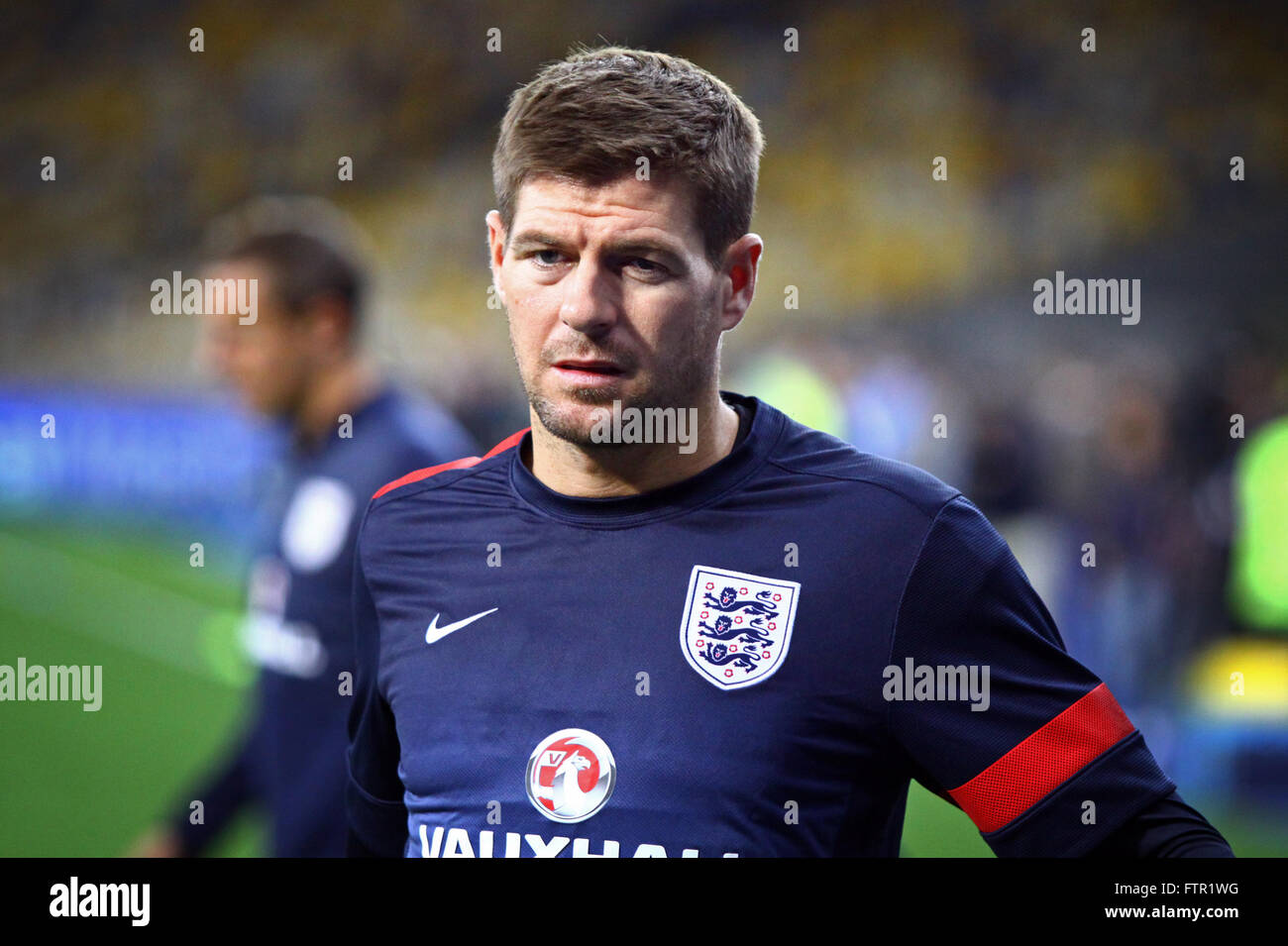 KYIV, UKRAINE - SEPTEMBER 9, 2013: Steven Gerrard of England looks on during training session at NSC Olympic stadium before FIFA World Cup 2014 qualifier game against Ukraine Stock Photo