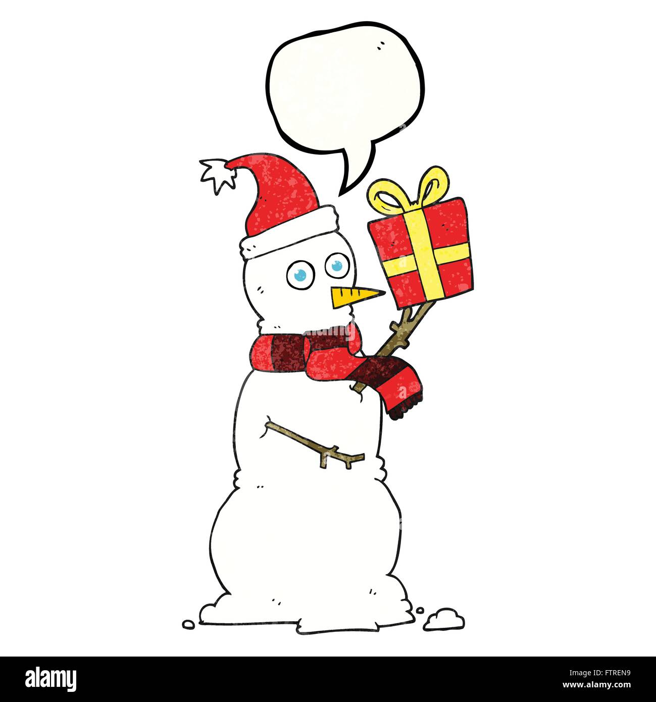 freehand speech bubble textured cartoon snowman holding present Stock ...